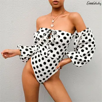 

Hirigin Sexy Women's Lady Off Shoulder Bandage Jumpsuits Long Sleeve Polka Dot Tops Bodysuit Clubwear Party Leotard