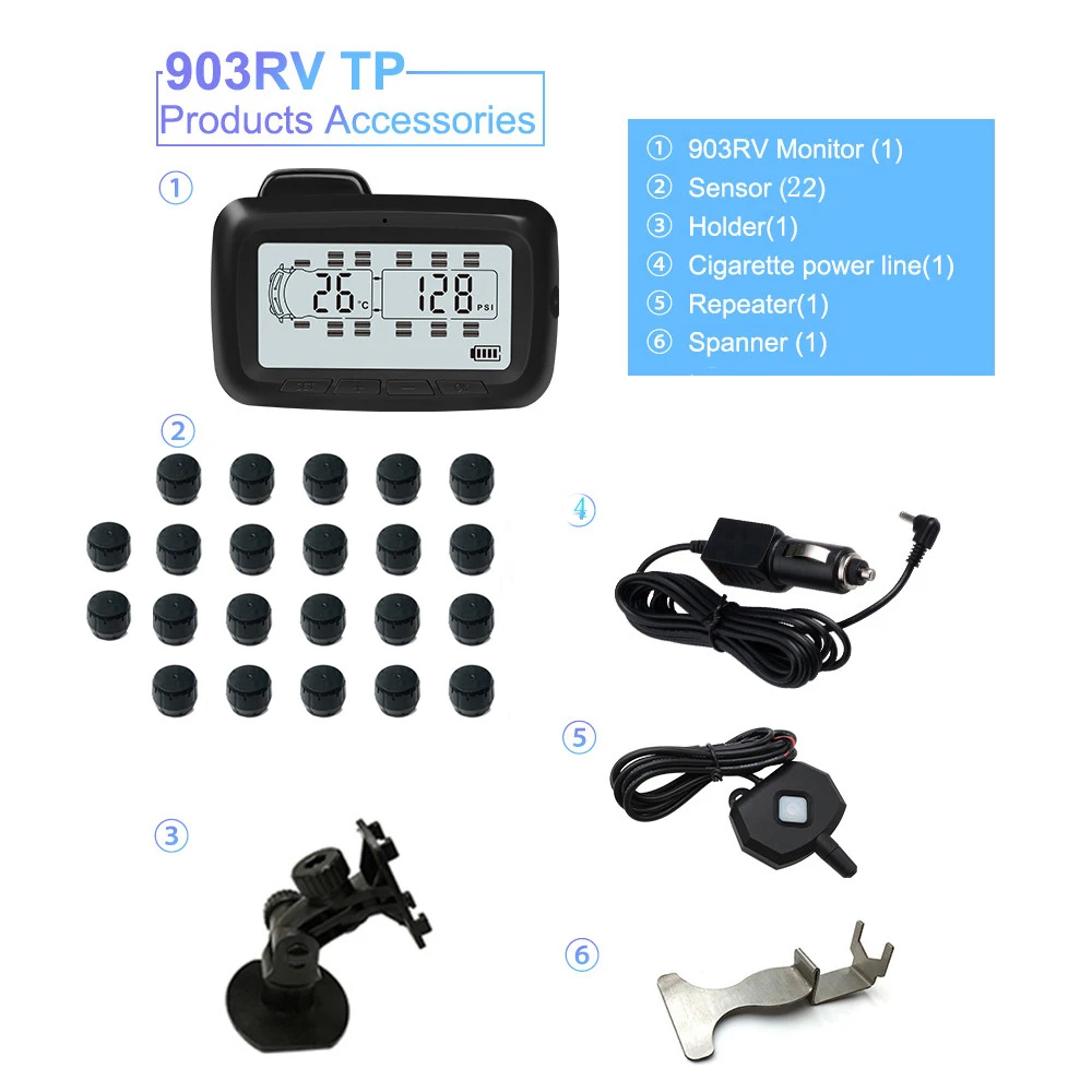 WONVON 22 внешние датчики RF беспроводной автомобильный TPMS система мониторинга давления в шинах ЖК-дисплей с ретранслятором для RV Прицепа автобуса