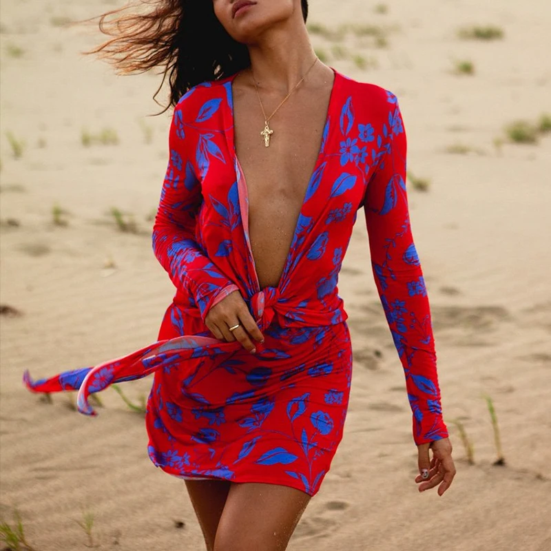 NewAsia Print Red Dress Tie up Long Sleeve Deep V Neck Mini Dresses for Women Casual Beach Party Wear Ladies Bodycon Vestidos