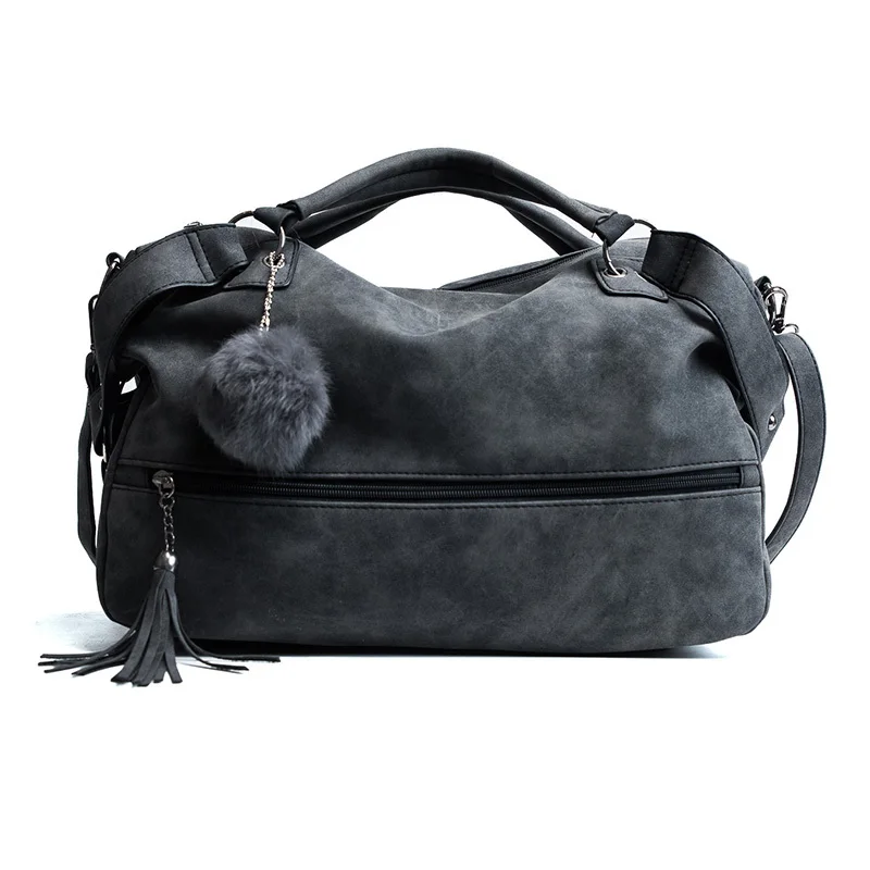 

Vintage PU leather Ladies Handbags Rivet Larger Women Bags Hair Ball Shoulder Bag Motorcycle Messenger Bag Top-Handle Bag(ligh)