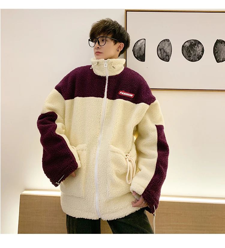 Winter new collection of patchwork printed thick and fleecy hooded padded clothes loose casual personality youth men's wear