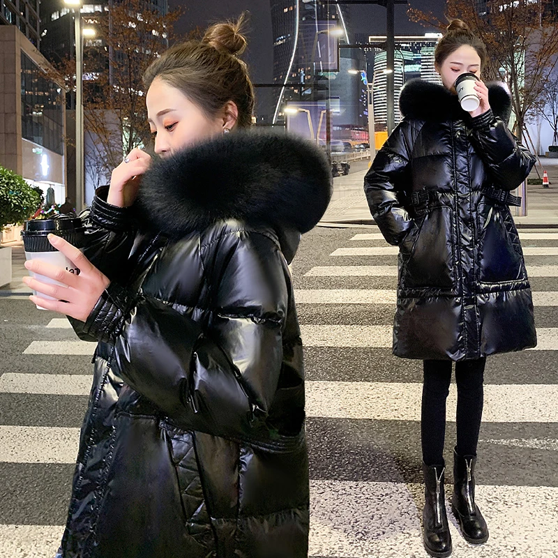 Abrigo capucha para Parka de manga larga con cinturón, Cuello de piel de zorro, negro, para invierno|Abrigos de plumón| - AliExpress