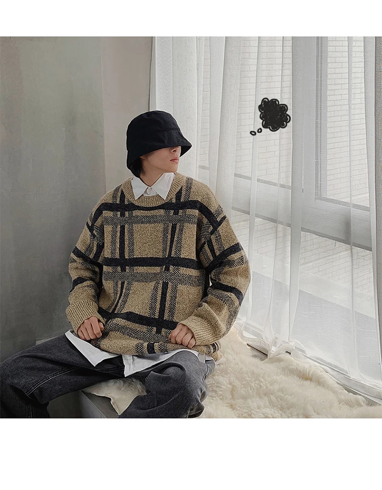 Зимний свитер мужской теплый модный ретро клетчатый Повседневный вязаный свитер мужской уличная дикий Свободный пуловер с длинными рукавами мужская одежда
