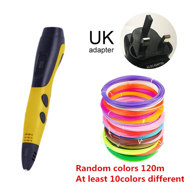 3D Ручка, светодиодный экран, сделай сам, 3D ручка для печати, 120 м ABS/PLA нити, креативная игрушка, подарок для детей, дизайнерский рисунок - Цвет: UK Yellow 120m