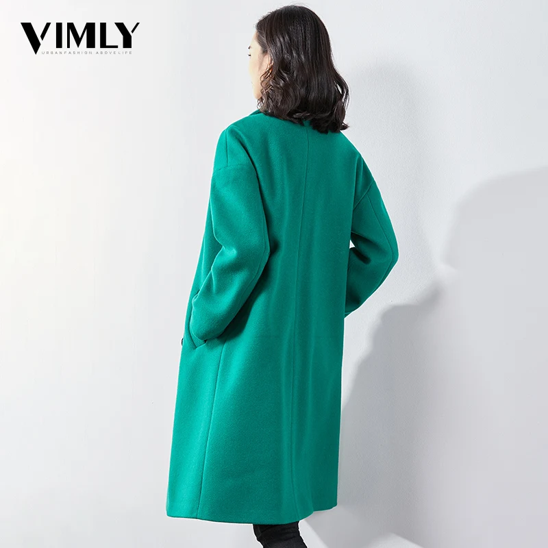 Vimly женская элегантная Зимняя шерстяная одежда длинное пальто Теплые однотонные женские офисные зеленый красный Для женщин верхняя одежда Повседневное УЦИ [плеча Смешанное пальто