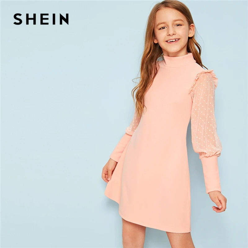 SHEIN/элегантное детское платье для девочек со стоячим воротником и замочной скважиной на спине; коллекция года; летние вечерние платья с рукавами из бараньей кожи с оборками