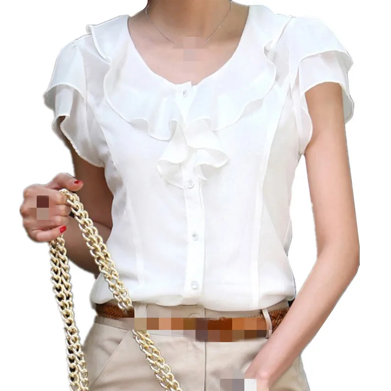 beige white B1366 новые женские han edition lotus leaf Кружева с короткими рукавами летние культивировать свою мораль визуально шифоновая блузка рубашка - Цвет: beige white