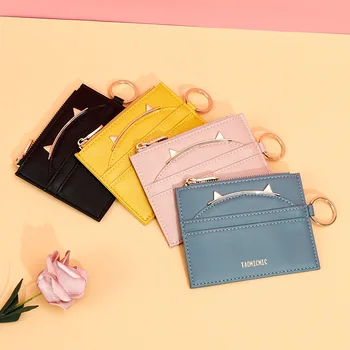 

Girl coin purse cute cat ear slim short wallet multi-card fashion mini zipper card package thin keychain ladies Pu leather
