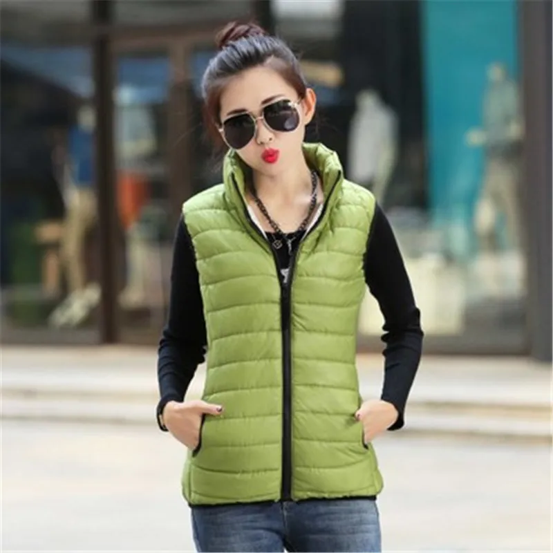 Slim Down Cotton Vest Women Sleeveless Jacket Winter Autumn Warm Stand Collar Waistcoats Female Casual Candy colors Coat - Color: green