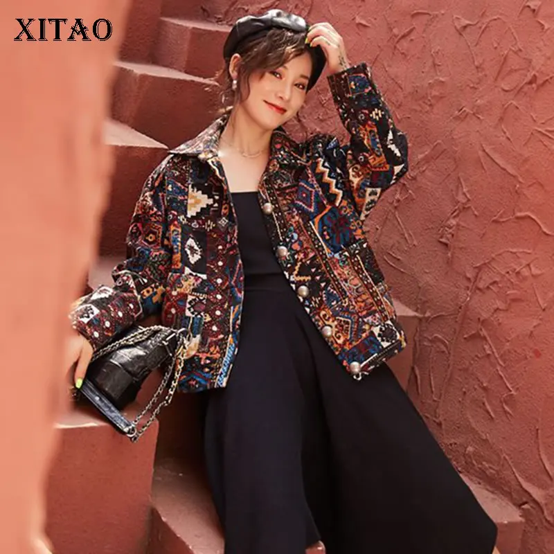 see picture GCC2065 XITAO винтажная куртка с принтом Женская мода Новинка осень один нагрудный карман Элегантное маленькое свежее повседневное пальто GCC2065 - Цвет: see picture GCC2065