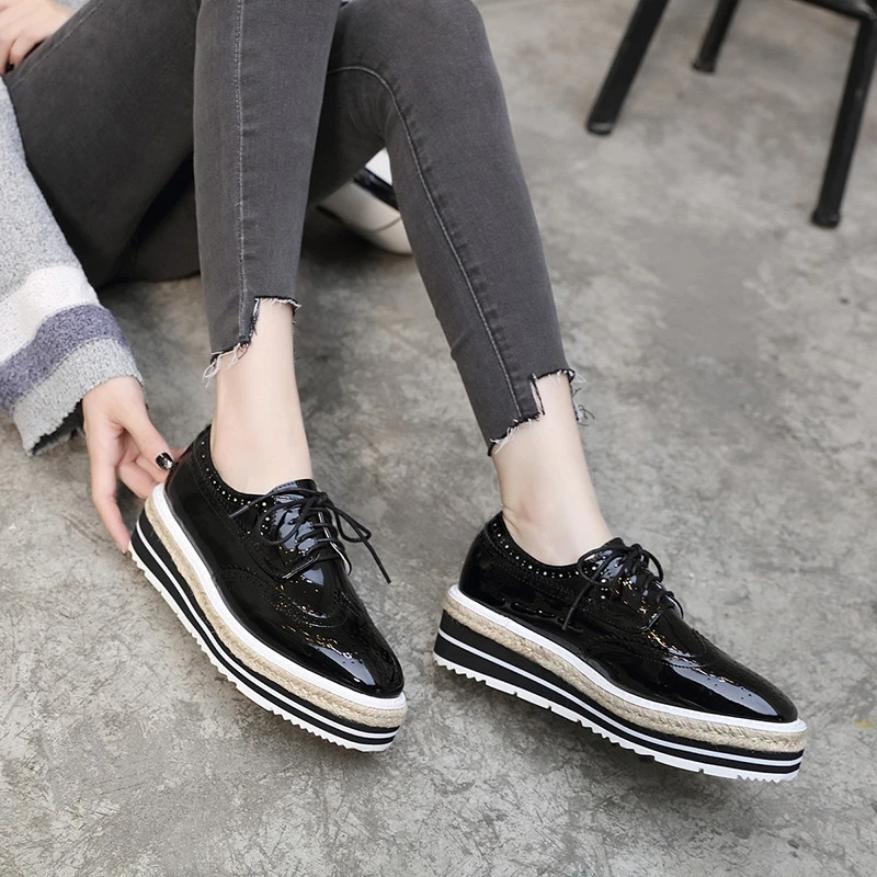 Zapatos Oxford de charol para mujer, mocasines Vintage con plataforma, hechos a mano, con cordones, informales, para primavera|Zapatos planos de mujer| - AliExpress