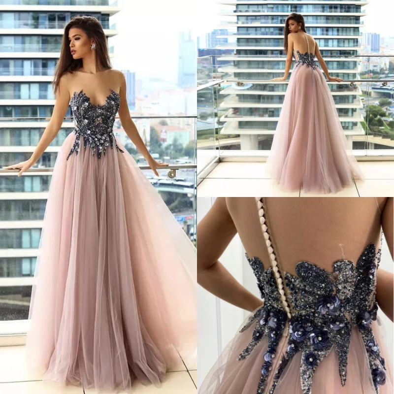 

Dusty Pink Beads A Line Evening Dresses 2022 Sheer Neck Sleeveless Illusion Tulle Party Prom Gown Floor Length Vestidos De Noche