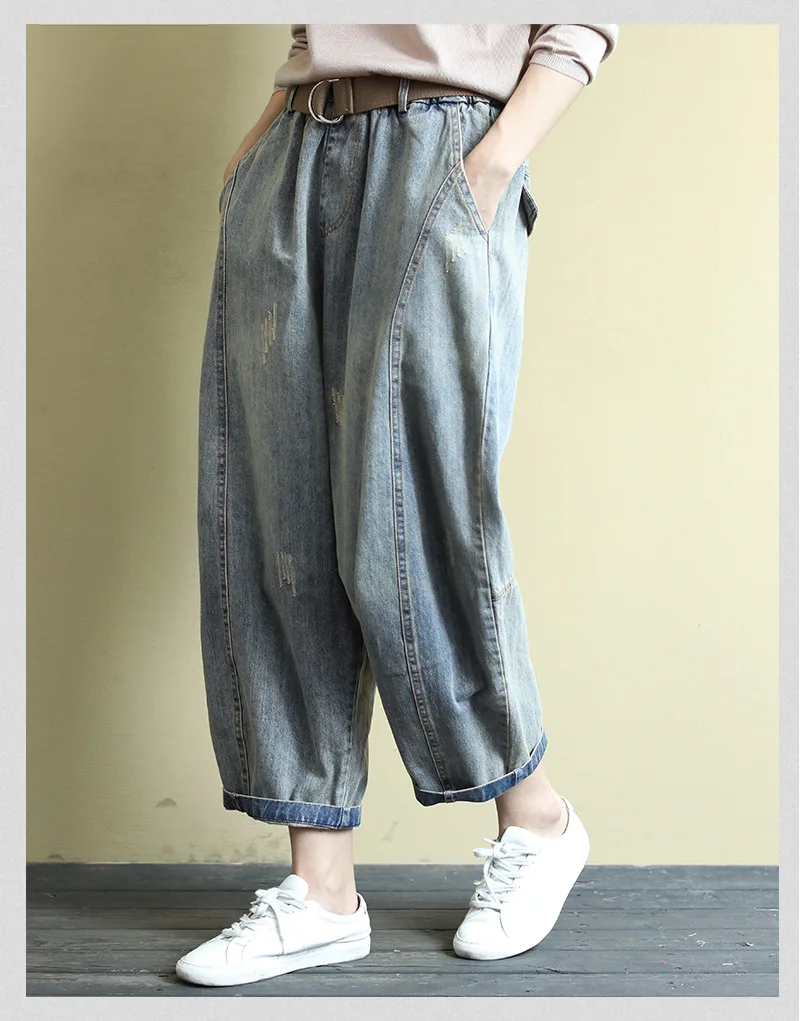 Spring Autumn Bleached Jeans Women Elastic Waist Loose Casual Denim Pants Ladies Washed Pockets Cotton Trousers With Belt