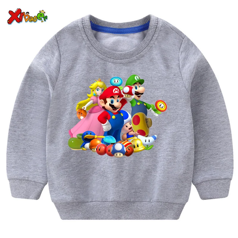 Милый детский свитер; толстовка с капюшоном; детские свитера; Забавный свитер с супер Марио для маленьких девочек; сезон осень-зима; повседневная одежда - Цвет: sweatshirt gray