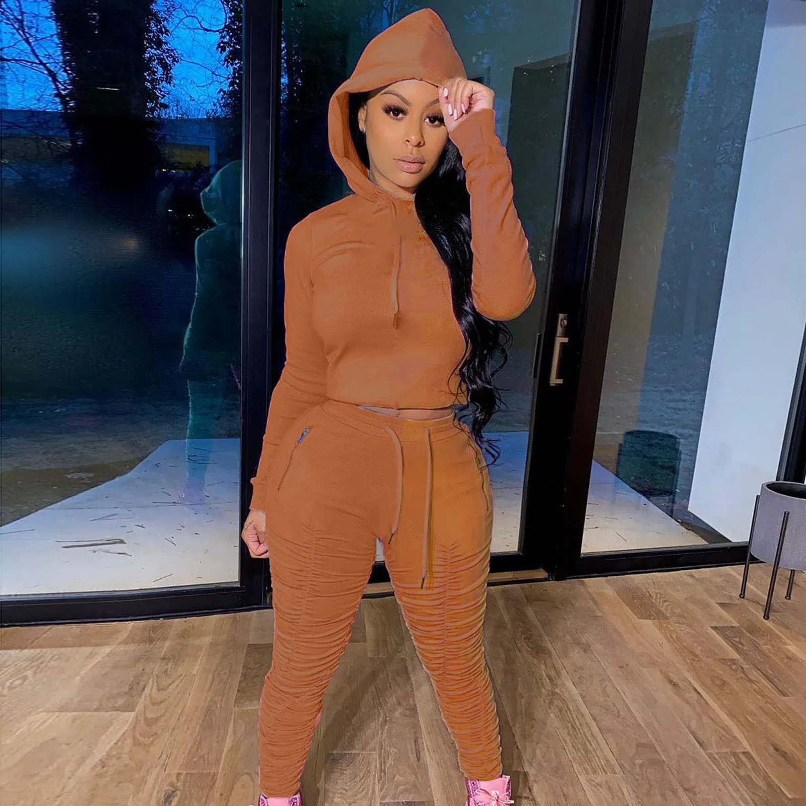 Autumn Hooded Sports Suit Two -piece Sets Casual Temperament Pullover Pleated Pants Fashion jacket+Elastic Pant#1208 |