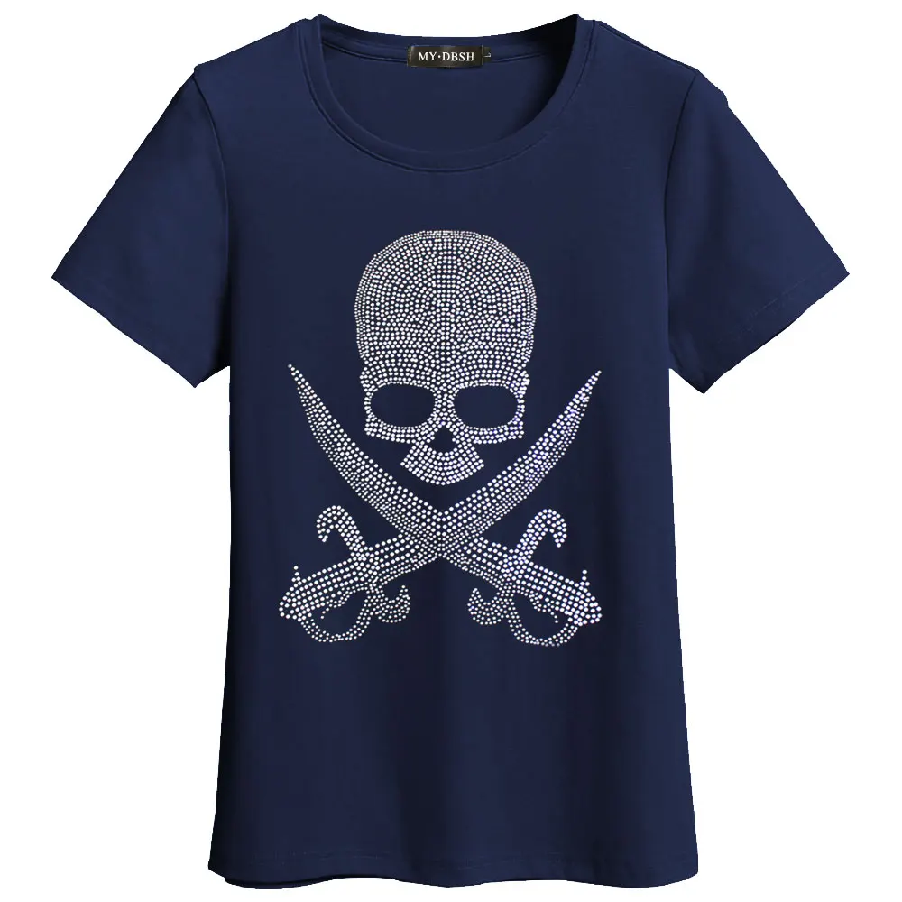 Модная футболка женская Blusa Мягкий хлопок футболки сверкающие алмазы с принтом «череп» Футболка harajuku короткий рукав женская одежда - Цвет: T003-O-Navy
