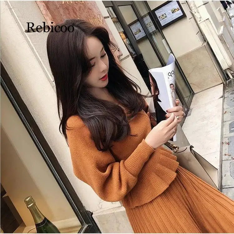 Knitting Pleated Skirt Suit Autumn Winter V Neck Sweater Pullovers Elastic Waist Long Skirt Sets 2 Piece Set