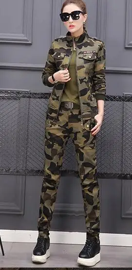 Hot Camouflage Green Камуфляжный костюм размера плюс, зеленый, женский, 2, 3 шт, набор, наряды, co-ord, топ, брюки, зима, осень, одежда, костюм, хлопок, военный - Цвет: Hot Camouflage Green