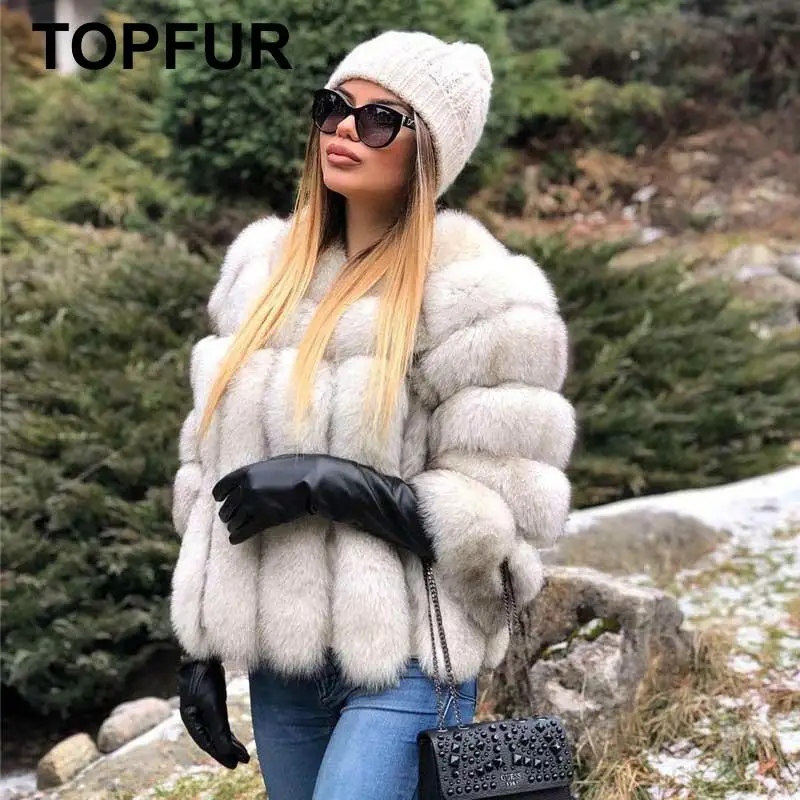 TOPFUR, новая мода, зимние женские короткие пальто, натуральный мех, пальто для женщин, натуральный Лисий мех, базовые куртки, рукав три четверти
