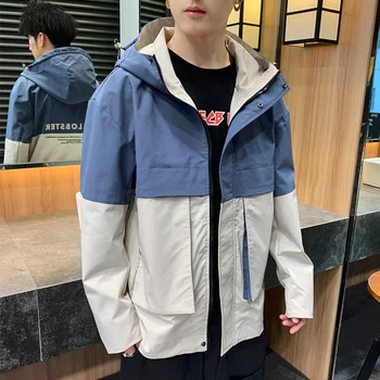 

Trendy Hooded Jackets Hit Color Patchwork Men's Coat Waterproof Blue Khaki Green M-4XL Men's Jackets Coat