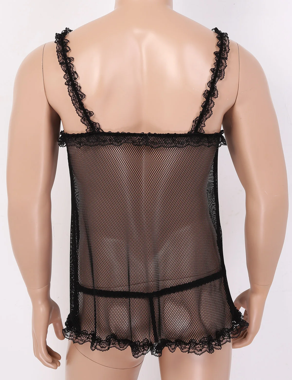 Hot Sexy Men Sheer Fishnet Lace Crossdressing Erotic Sissy Lingerie Set Shoulder Straps Open Cups Tops Crotchless G-string Set