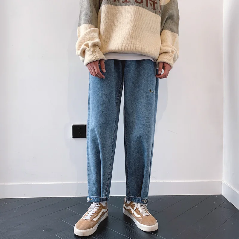 

Large Size Autumn Clothing Lettered Embroidered Versatile Jeans Men And Women INS Korean-style Loose Casual Pants Men And Women
