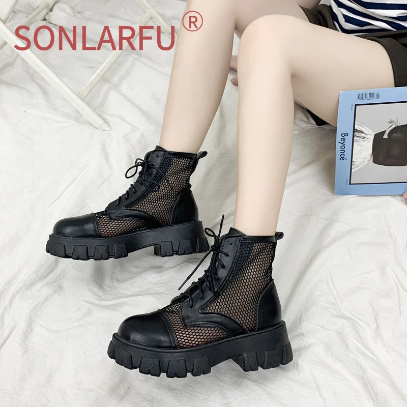 

SONLARFU Net gauze cool boots women's new summer 2020 all-around high rise net red short boots Martin boots fashion