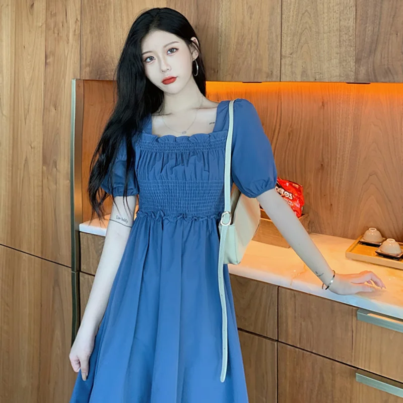 Blue Dresses Women Solid Elegant Holiday Puff Sleeve Summer 2021 New Folds Beach Style Square Collar Vestidos Mujer Casual Chic