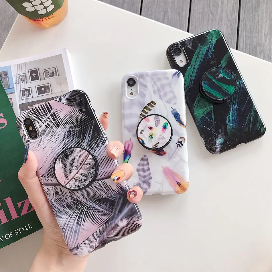 

For iPhone 7 Plus XR X XS Max Case Net Red Simple Feather Folding Bracket Holder Cover For iPhone 8 6 6s Plus Soft TPU Coque