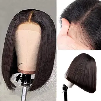 

Glueless Short Bob Jet Black Synthetic Lace Front Wigs For Black Women Adjustable Strap Bundles With Closure Daily Wig