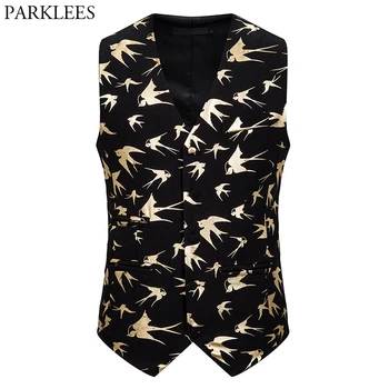 

Stylish Bird Gold Print Party Wedding Vest Men 2020 Brand New Slim Fit V Neck Mens Waistcoat Vests Double Breasted Tuxedo Gilet