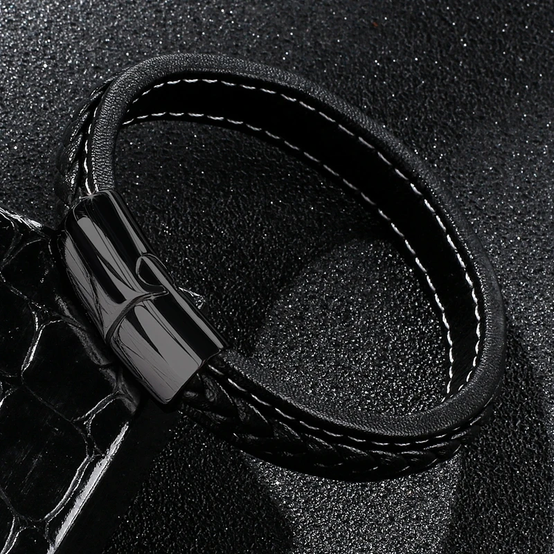 New Fashion Punk Men's Jewelry Braided Leather Bracelet Women Handmade Bangles Trendy Stainless Steel Clasp Male Wrist Band