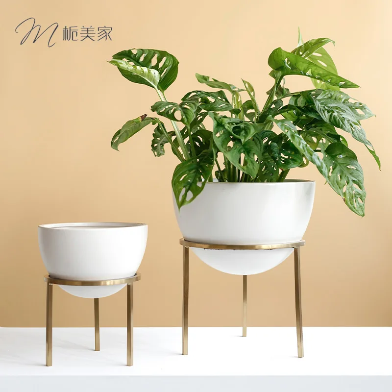 

Zhi US Home Modern Northern European-Style Creative Semi-Circular Ceramic Grow in Water Flowerpot Cool Stainless Steel Flower St