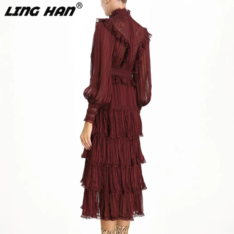 LINGHAN/модные платья-подставки для женщин; элегантные вечерние платья с рукавами-фонариками и высокой талией; дизайнерские осенние новые женские платья
