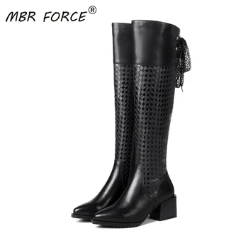 

MBR FORCE Genuine leather Knee-high Boots New Fashion Women Female elegant Lace straps Shoes Woman Ladies Footwear party dress
