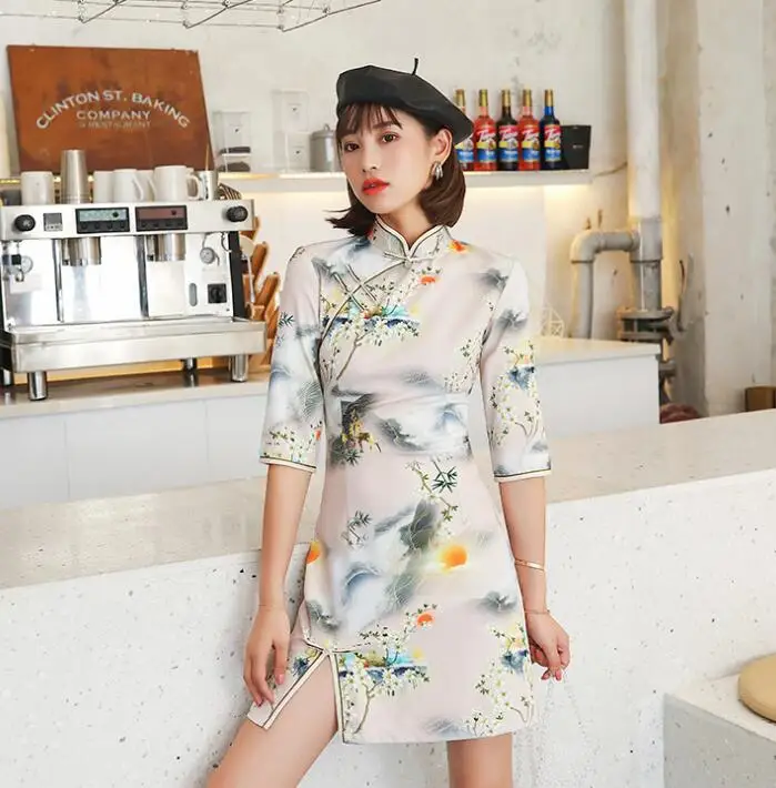 E Синее китайское традиционное платье женское короткое Qipao модное шелковое Чонсам с цветком Mujer Vestido Размер S M L XL XXL - Цвет: E