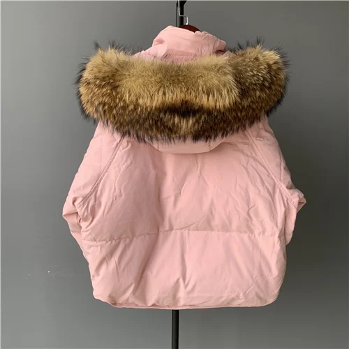 Pink raccon fur 1 Большой натуральный Лисий мех с капюшоном зимний пуховик для женщин 90% белый утиный пух толстые парки теплый зимний пуховик пуховое пальто - Цвет: Pink raccon fur 1
