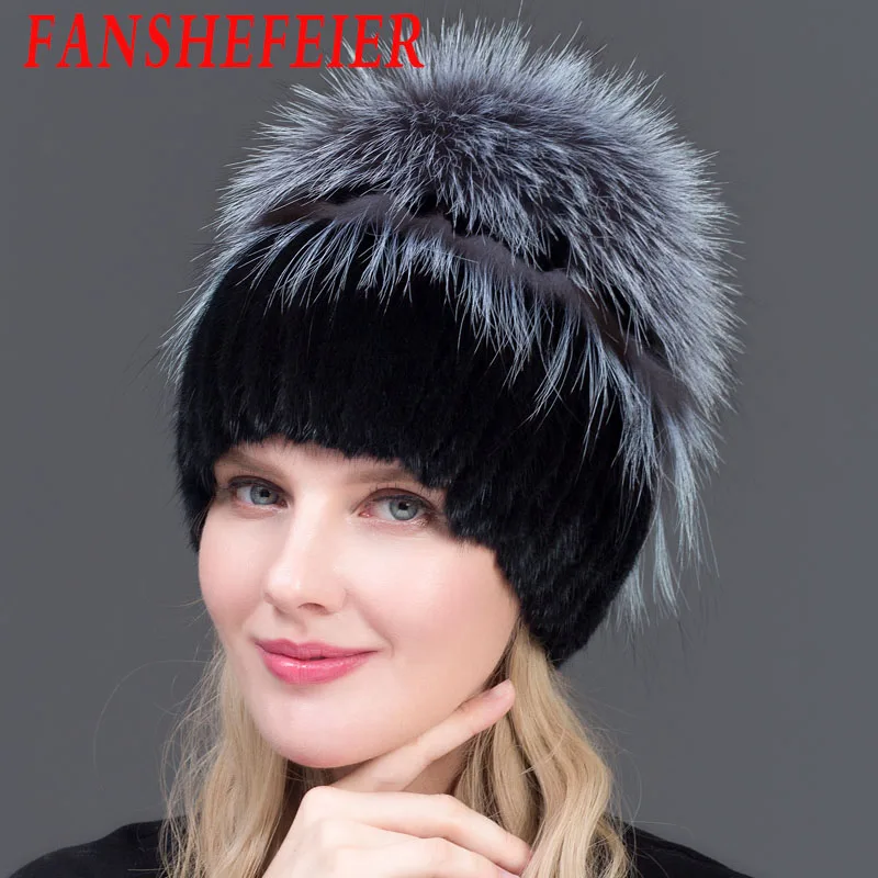 JERYAFUR Frauen pelzmutze зима echtem nerz skullies mit silber fuchs pelz pom poms top mutzen heiverkauf russland pelz kap - Цвет: black