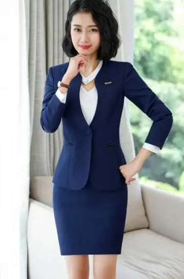 navyblue suit Профессиональная одежда новые темпераментные Модные женские костюмы с юбкой OL формальные с длинным рукавом Тонкий Блейзер и юбка офисные женские рабочие костюмы - Цвет: navyblue suit