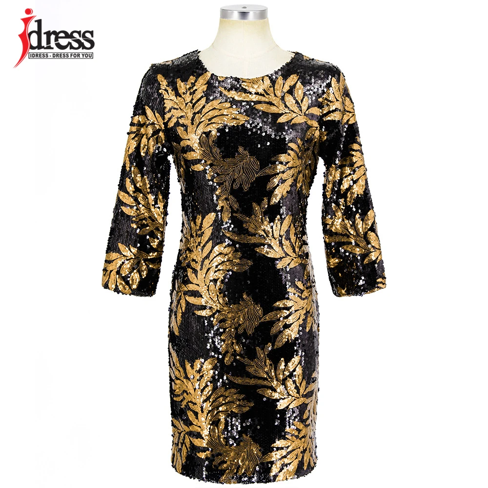 IDress/Модная одежда; ; облегающее платье до колена с длинными рукавами и круглым вырезом; вечерние Клубные платья с пайетками в стиле пэчворк с зелеными листьями