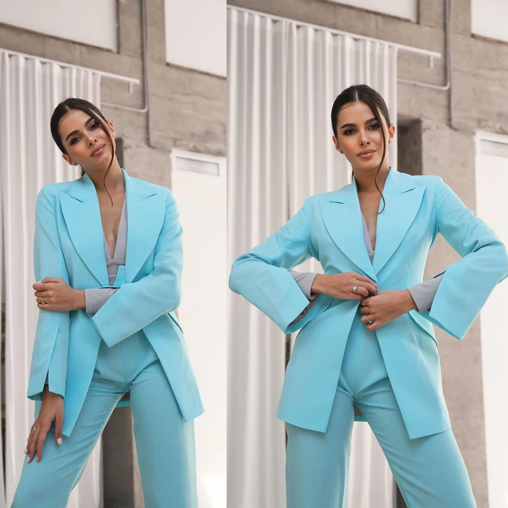 

LO&LI Set Woman 2 pieces Trouser Suit Sky Blue Long Blazer Winter High Waist Business Formal Wedding Dress Skinny Female Suit