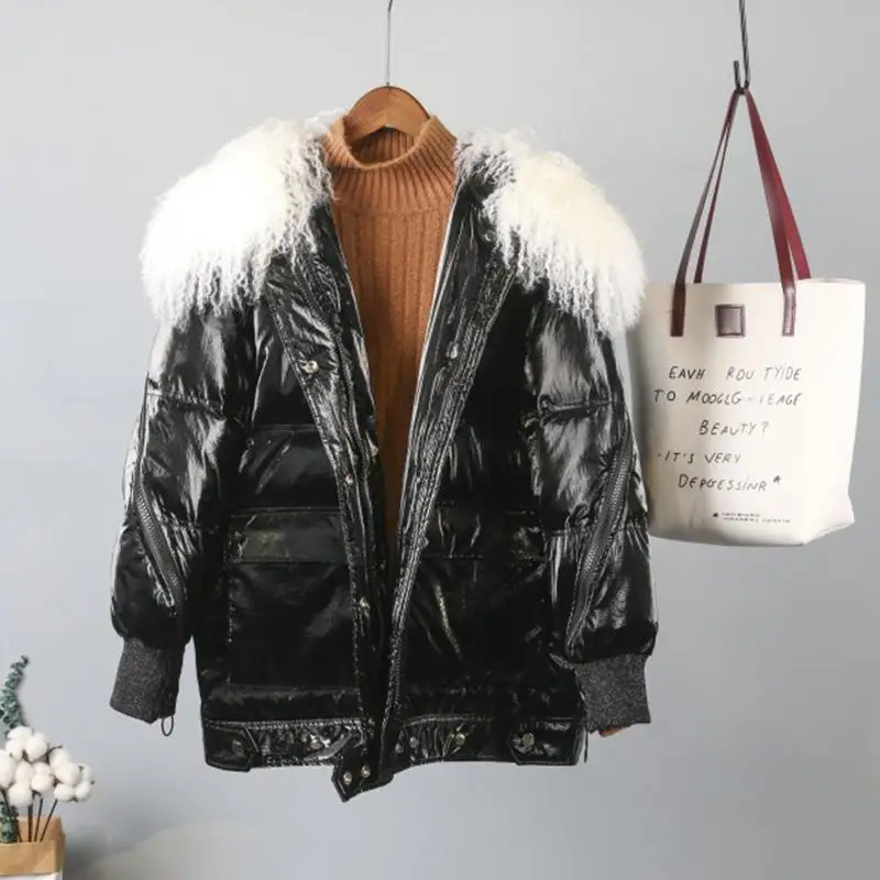 Women Coat Winter Silver Black Duck Coat Woman Wool Fur White Collar Duck Down Parkas Woman Loose Waterproof Snow Warm Clothes - Цвет: black