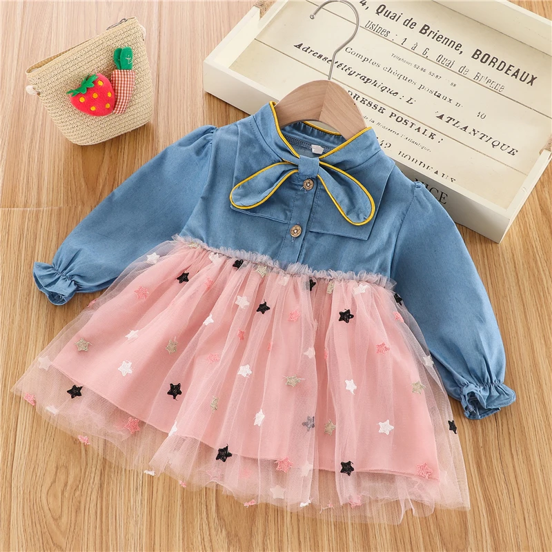 

Fashion Breathable Baby Girls Princess Dress, Spring Autumn Toddlers Sweet Style Denim Mesh Splicing Long Sleeve Star Skirt
