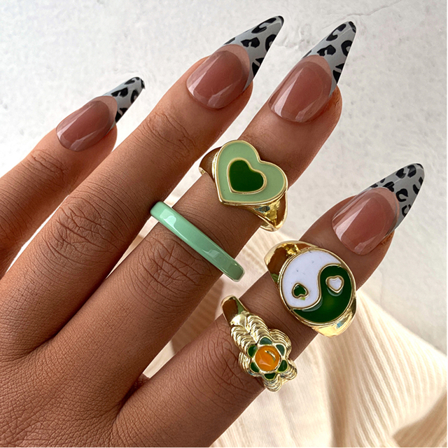 Heart Y2K Ring Set Open Cooper Rings For Women Candy Color Hand-painted Knuckle Rings Jewelry