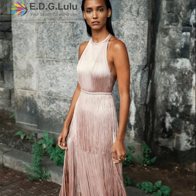 EDGLuLu sexy dresses party night club dress tassel vintage chic sexy elegant short off shoulder backless tassel long dress