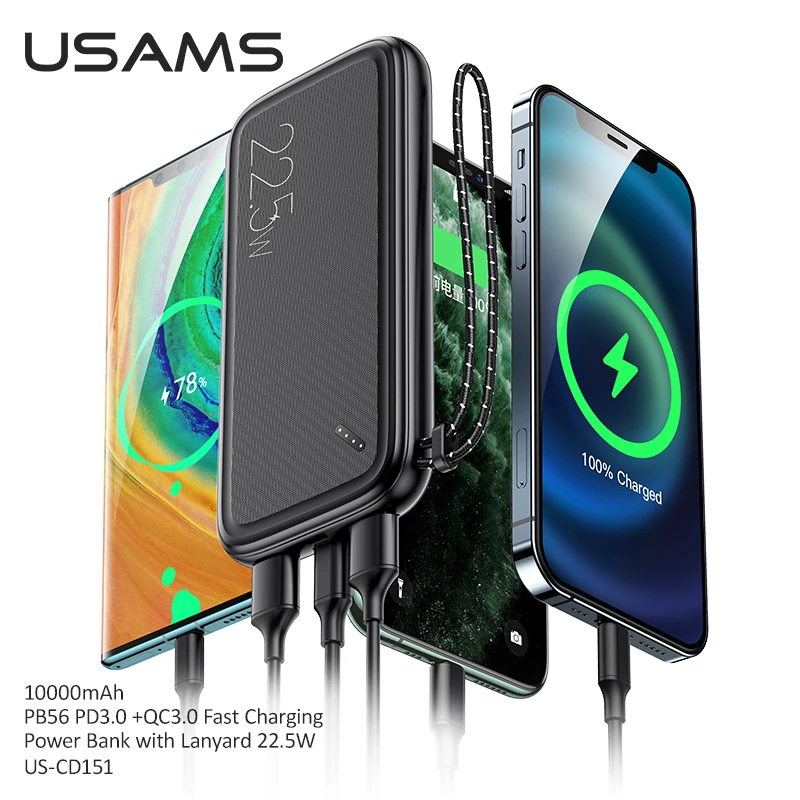 USAMS 10000mAh Power Bank 22.5W Fast Charging Portable Charging External Battery Charger Pack Powerbank For iPhone Huawei Xiaomi