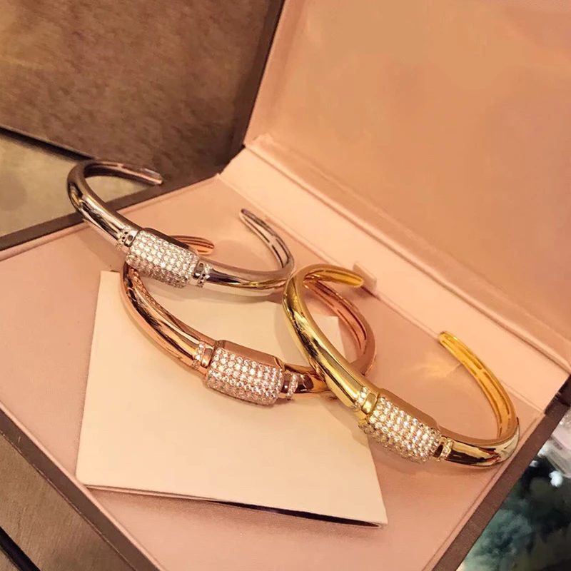 

Brand Pure 925 Silver Jewelry For Women Gold Color 5A CZ Bangle Rose Gold Cuff Bangle Wedding Jewelry Around Silver Cuff Bangle