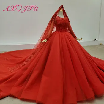 شراءAXJFU الفاخرة الأميرة الخرز الكريستال الوهم اليدوية س الرقبة العروس طويلة الأكمام الدانتيل الأحمر فستان الزفاف 100% صور حقيقية
