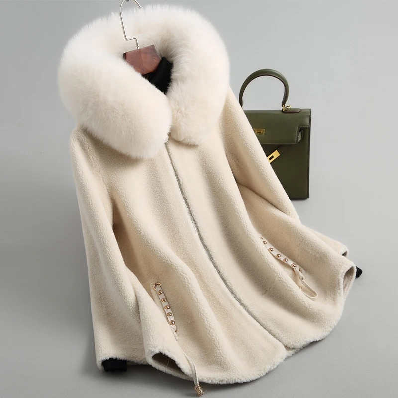creamy-white Женская одежда, зимняя верхняя одежда, настоящие пальто, новинка, овечья шерсть, пальто, меховое пальто, частицы 1023 - Цвет: creamy-white