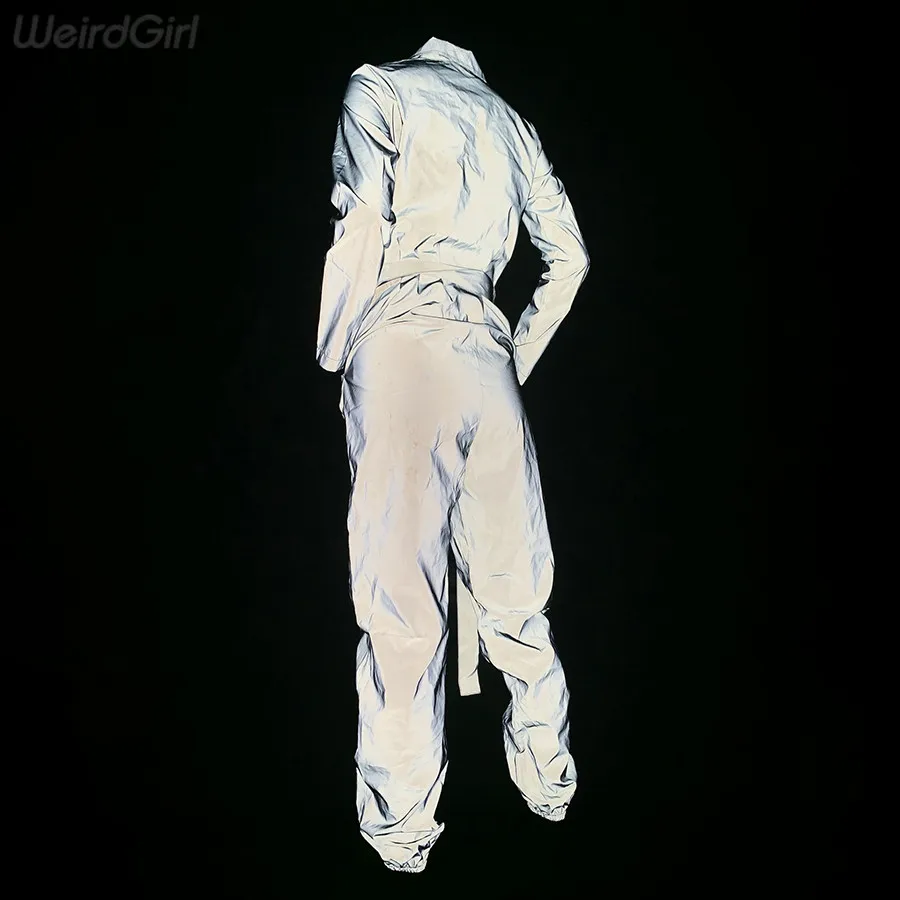 Weirdgirl женский светоотражающий осенний комбинезон на молнии с ремнем и карманом, однотонный серебристый комбинезон femme, брюки уличная мода, повседневная